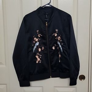 Women Black Embroidered Bomber Jacket (L)